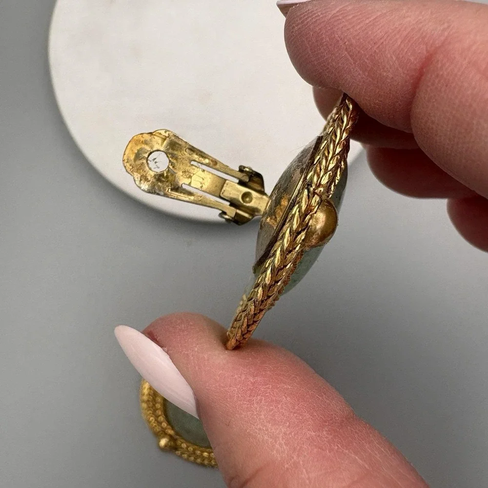 Vintage Jadeite Clip On Earrings Cabochon Braided Gold Tone Borders Statement